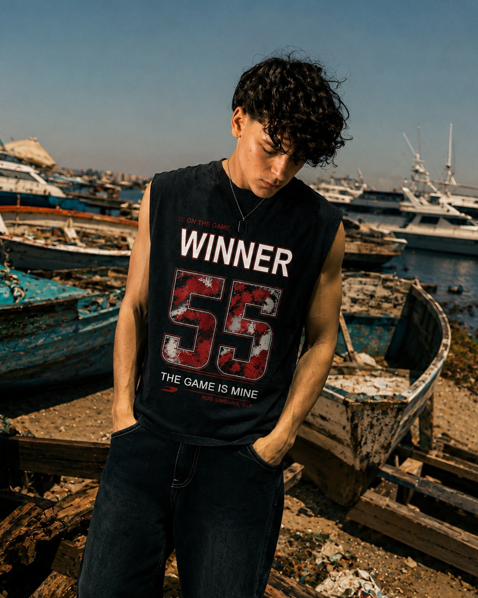 A man wearing a black sleeveless graphic t-shirt with 'WINNER 55 THE GAME IS MINE' printed on the front, standing on a rocky beach with boats and water in the background.