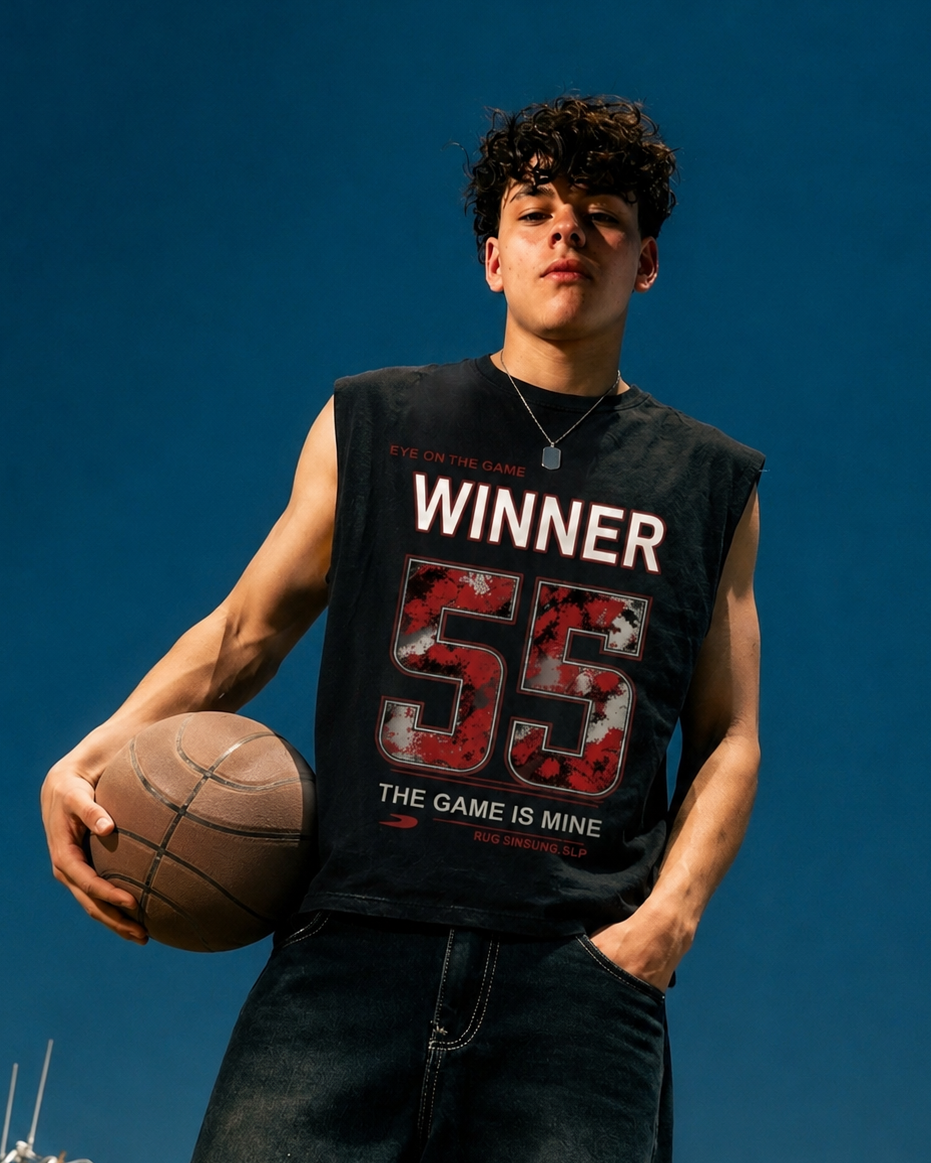 A young man wearing a black sleeveless graphic t-shirt with 'WINNER 55 THE GAME IS MINE' printed on the front, holding a basketball against a clear blue sky.