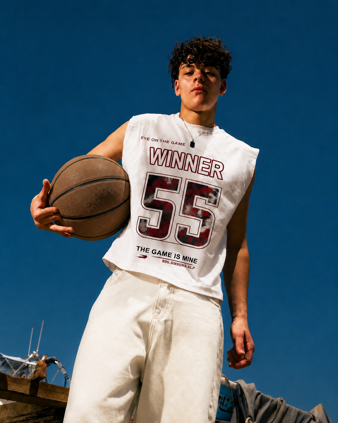 A young man wearing a white sleeveless basketball jersey with 'WINNER 55' printed on the front, holding a basketball against a clear blue sky.