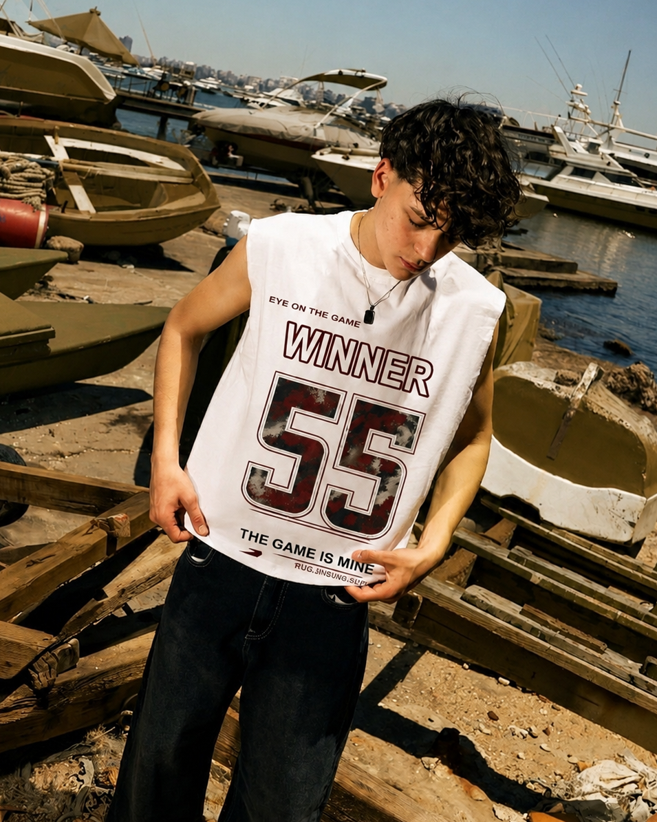 A man wearing a white sleeveless athletic jersey with 'WINNER 55' printed on the front, standing on a dock surrounded by boats and water.