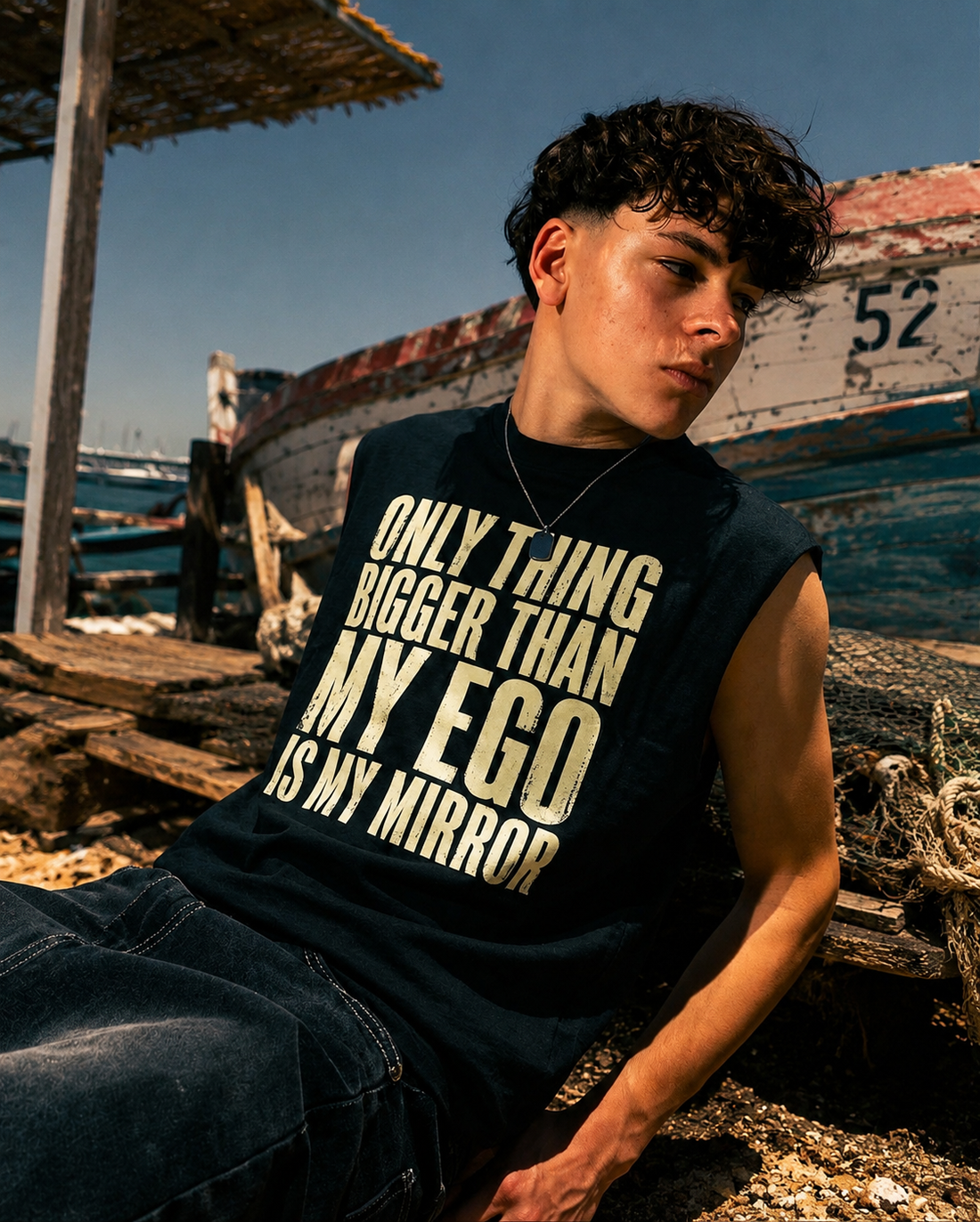 A young man sitting outdoors on a dock or boat area, wearing a sleeveless black shirt with large cream text that reads 'ONLY THING BIGGER THAN MY EGO IS MY MIRROR'.