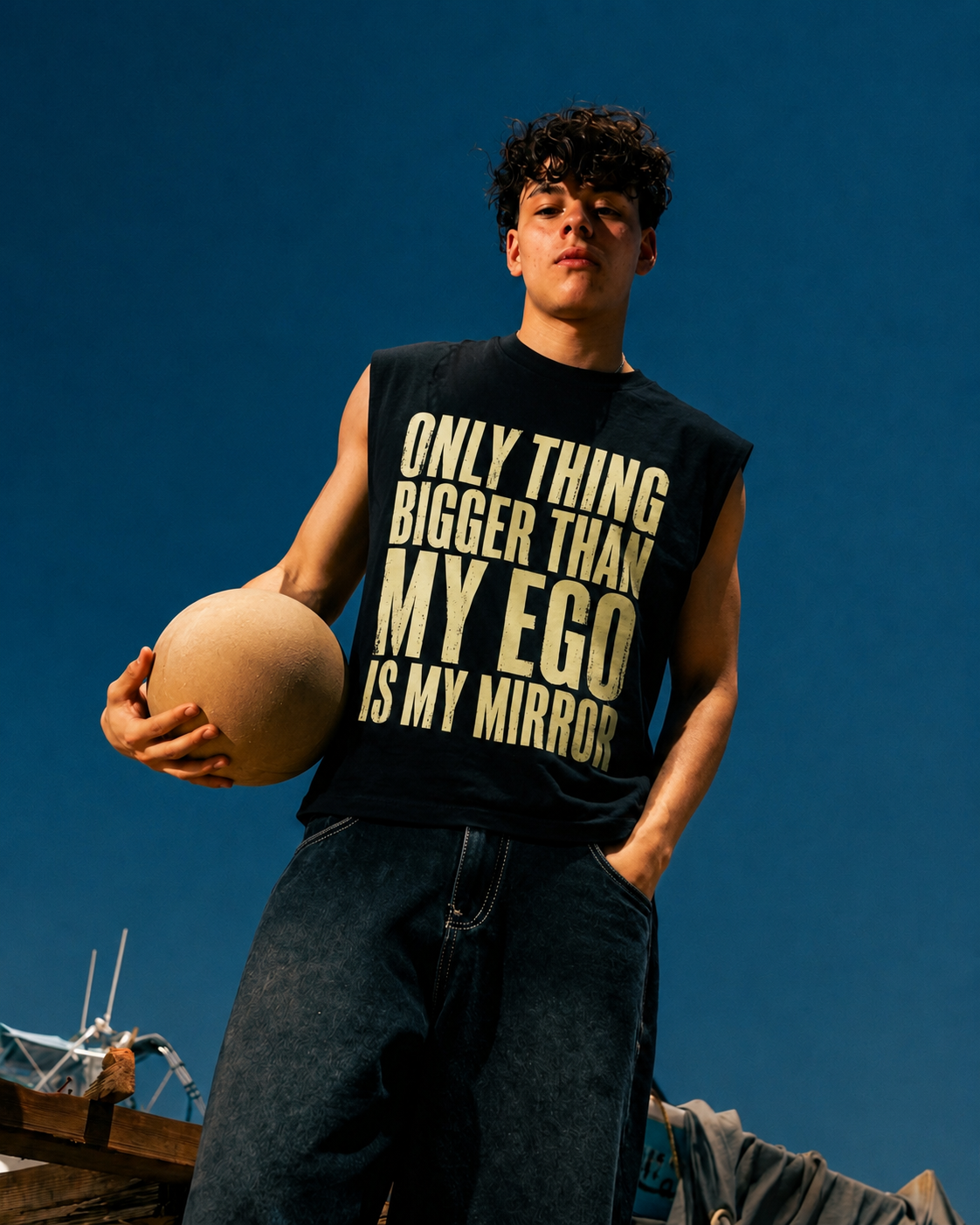 A man wearing a black sleeveless graphic t-shirt with the text 'ONLY THING BIGGER THAN MY EGO IS MY MIRROR' in a light beige font, holding a large beige ball against a clear blue sky.