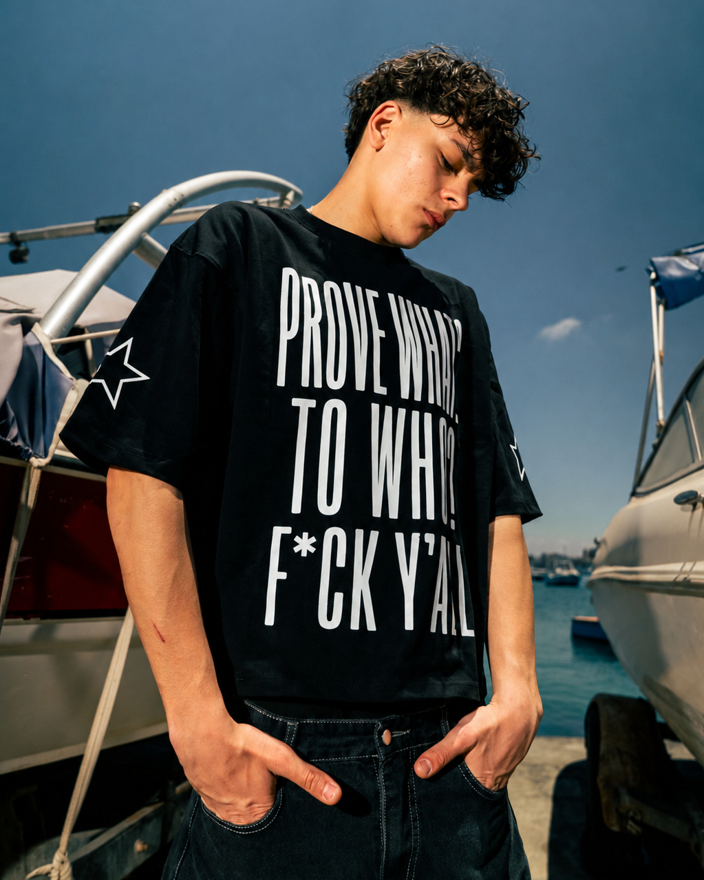 Person wearing a black t-shirt with white text by boats on a dock