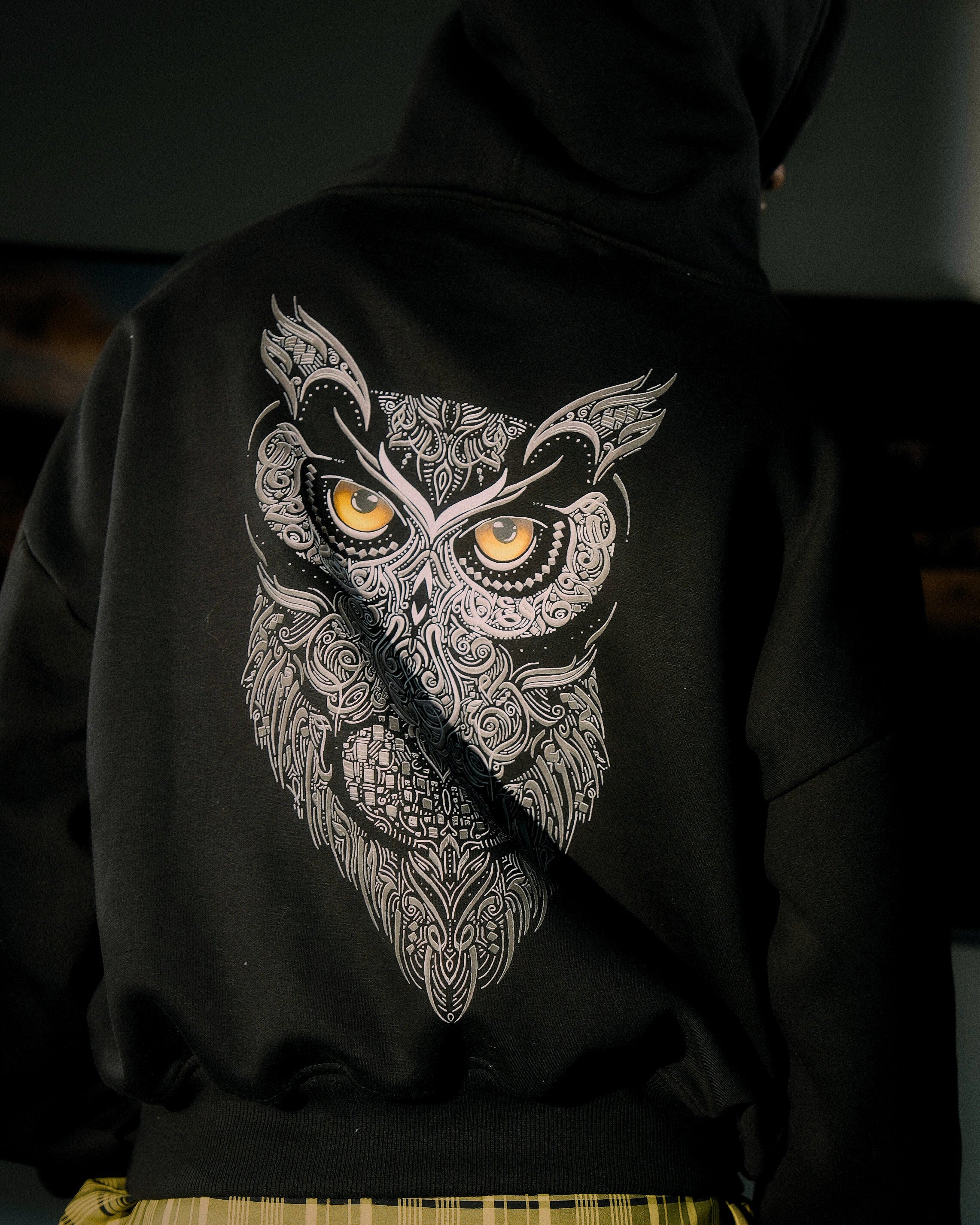 Person wearing a black hoodie with an owl design on the back, standing against a dark background.