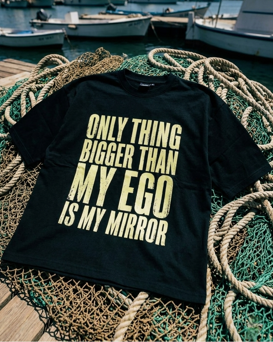 Black t-shirt with yellow text on a fishing net with boats in the background