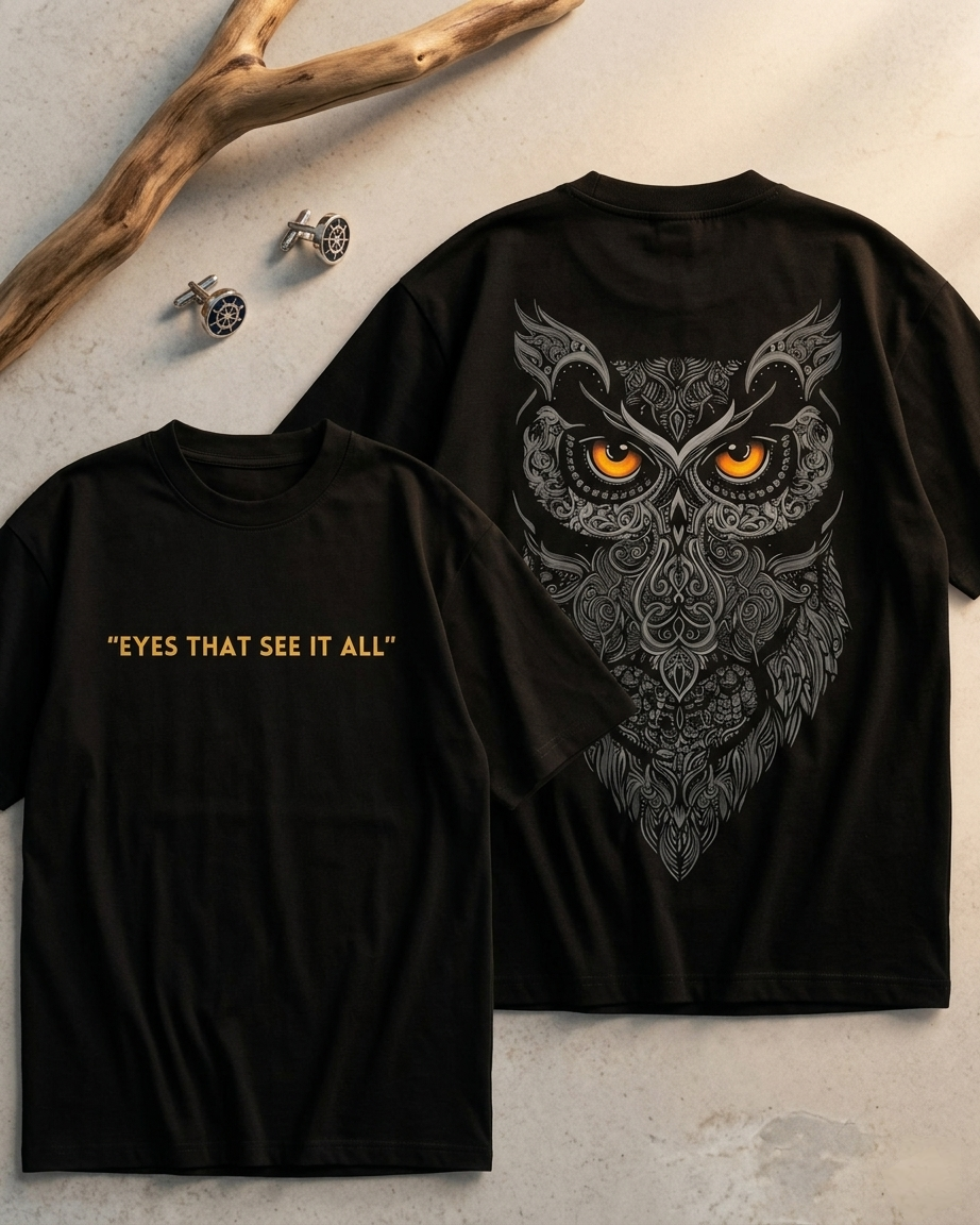 Black t-shirt with an owl design and 'Eyes That See It All' text on a stone surface.