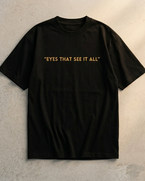 Black t-shirt with owl design and text on a gray background