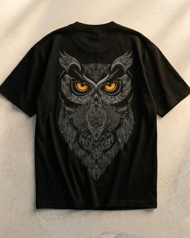 Black t-shirt with owl design and text on a gray background