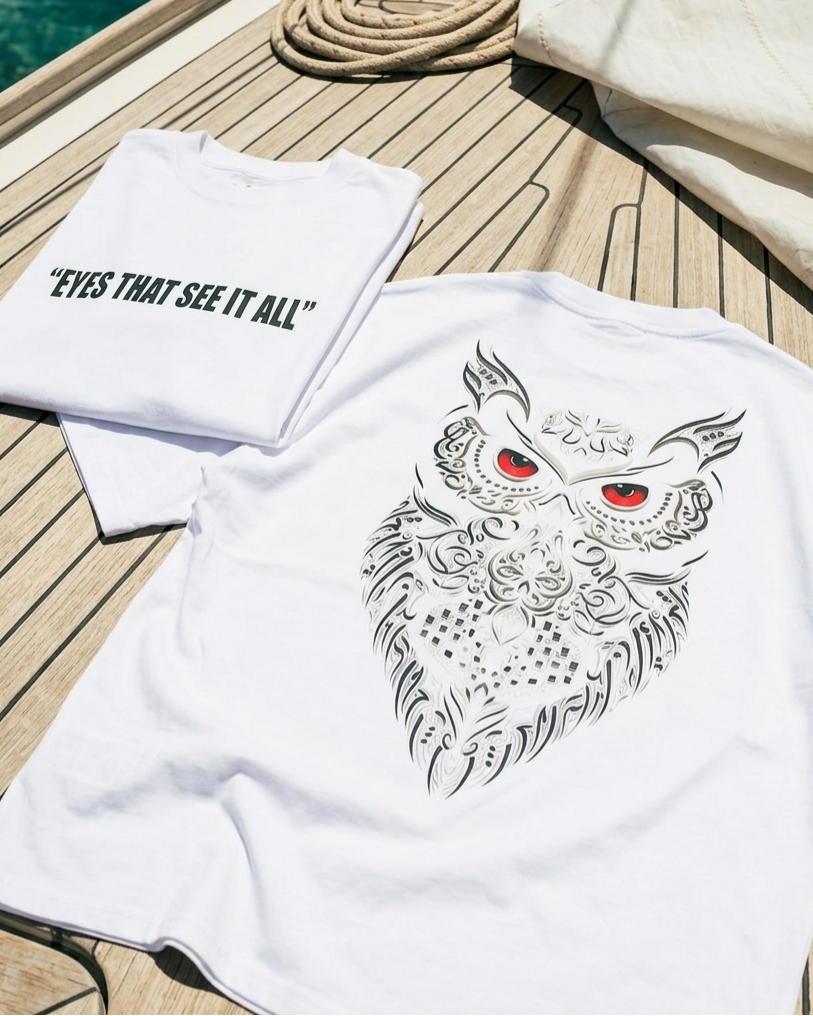 White t-shirt with owl design and text on a wooden deck