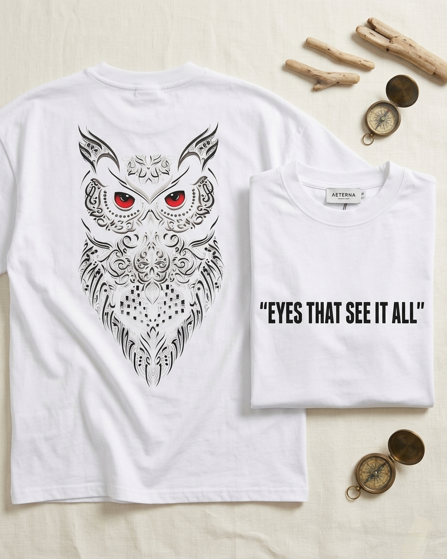 White t-shirt with an owl design and text 'EYES THAT SEE IT ALL' on a light background.