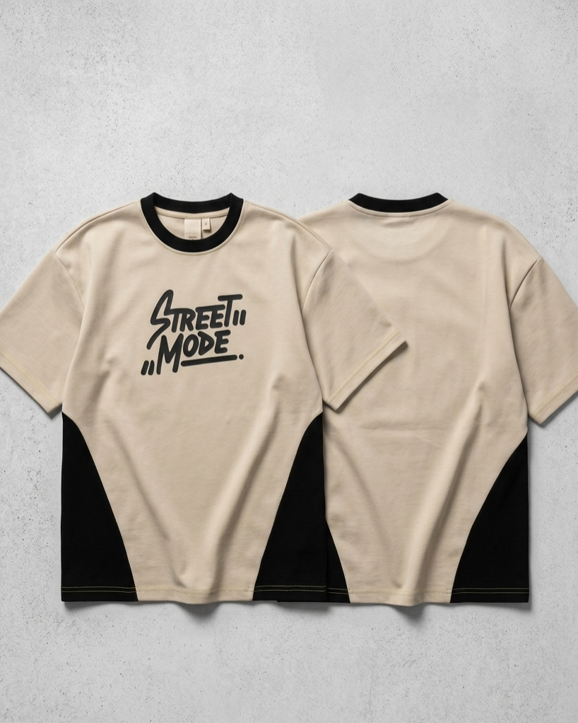 Beige t-shirt with black accents and 'Street Mode' text on a light gray background