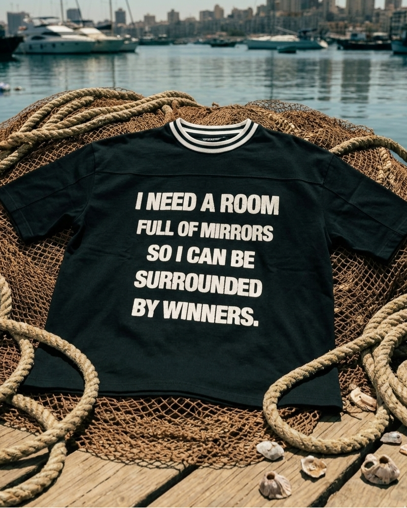 Black t-shirt with motivational quote on a woven surface with a marina and cityscape in the background