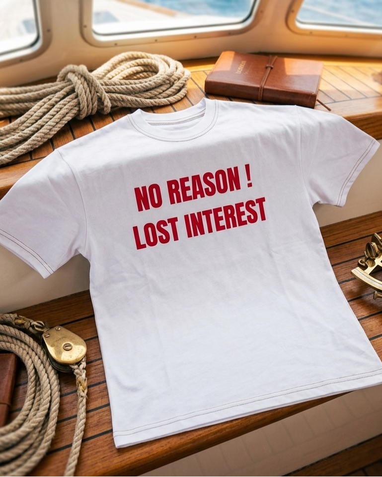 White t-shirt with 'NO REASON! LOST INTEREST' text on a boat deck.