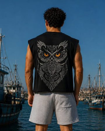 A man stands on a dock facing a harbor, wearing a black sleeveless shirt with a large gray owl graphic on the back, light gray shorts, and white sneakers. Boats and blue water are visible in the background.