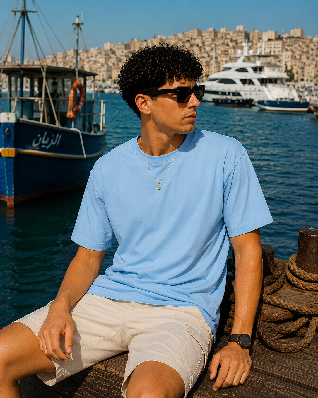 A man wearing a light blue crewneck t-shirt and beige shorts sits on a wooden dock in a harbor, with boats and a cityscape in the background.