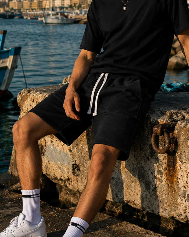 A man wearing a black t-shirt and black shorts with white side stripes, paired with white socks and white sneakers, sitting on a weathered stone pier next to a harbor with boats and buildings in the background.