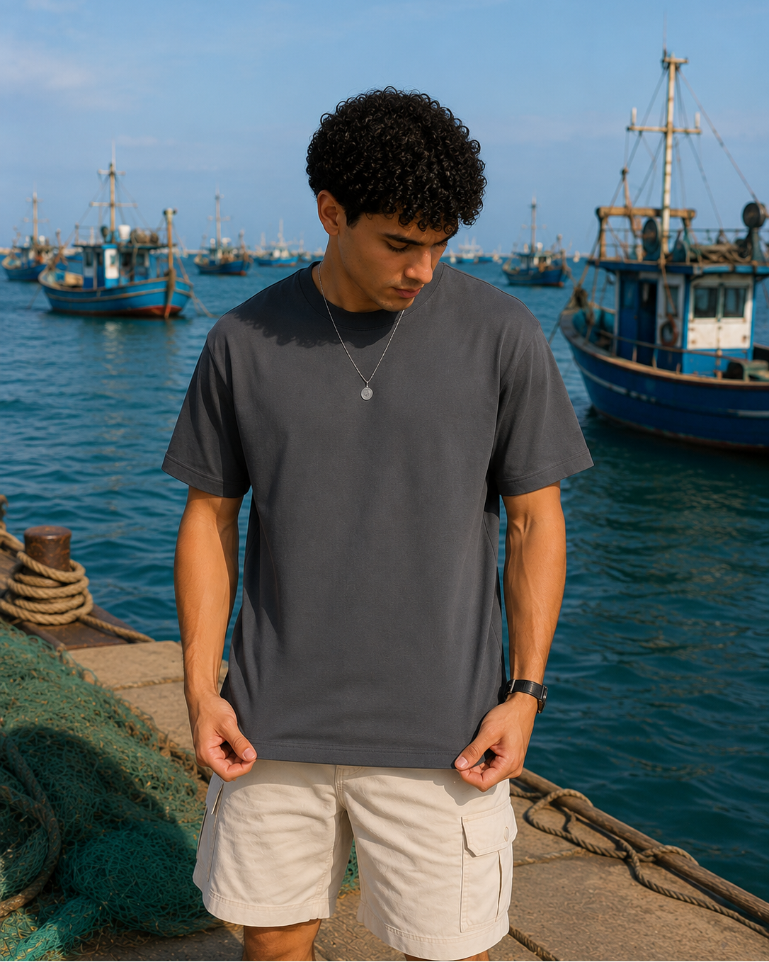 A man wearing a dark gray crewneck t-shirt and beige cargo shorts stands on a dock with a harbor and fishing boats in the background.