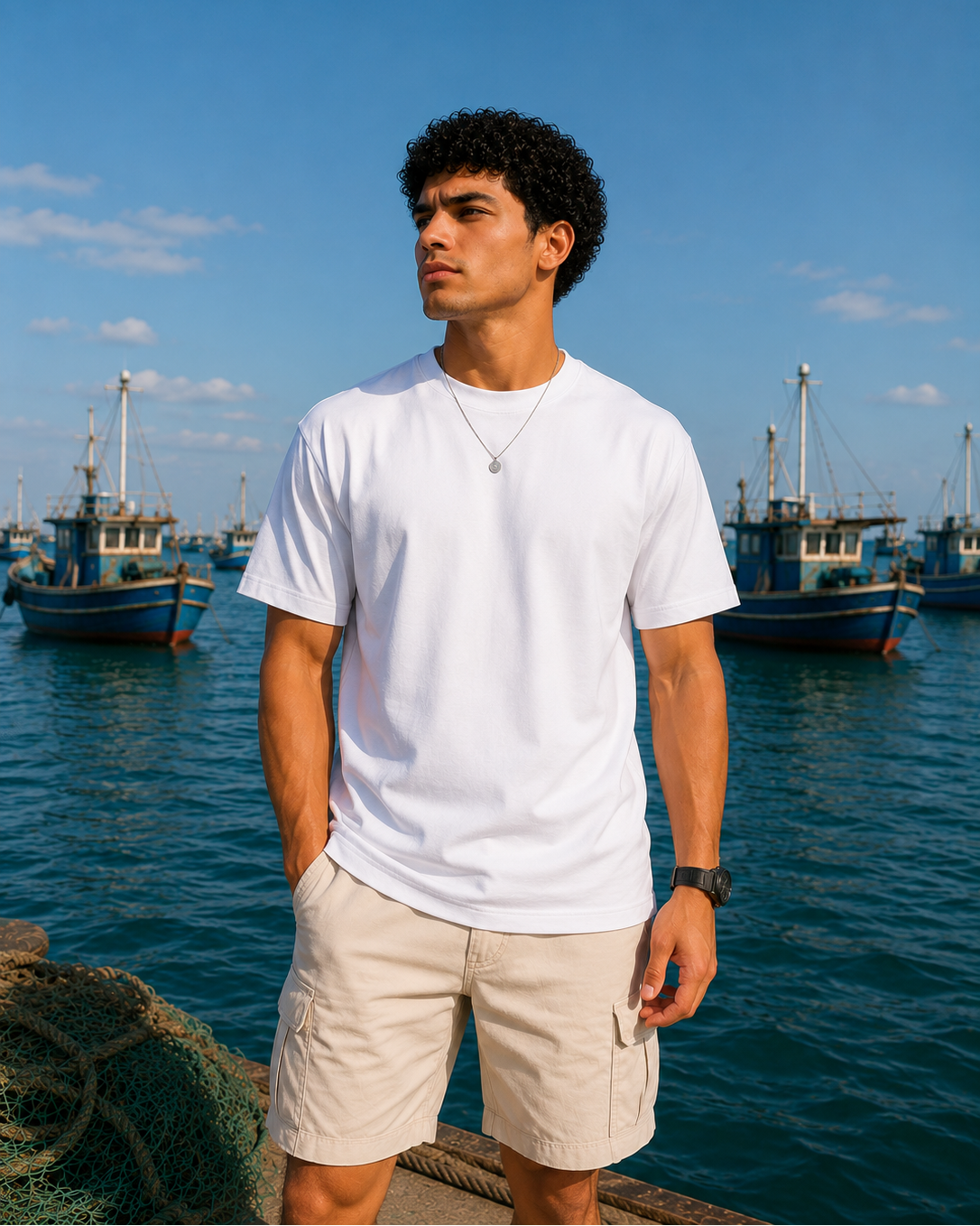 A man wearing a navy blue crewneck t-shirt and beige cargo shorts stands on a dock with a harbor and fishing boats in the background.