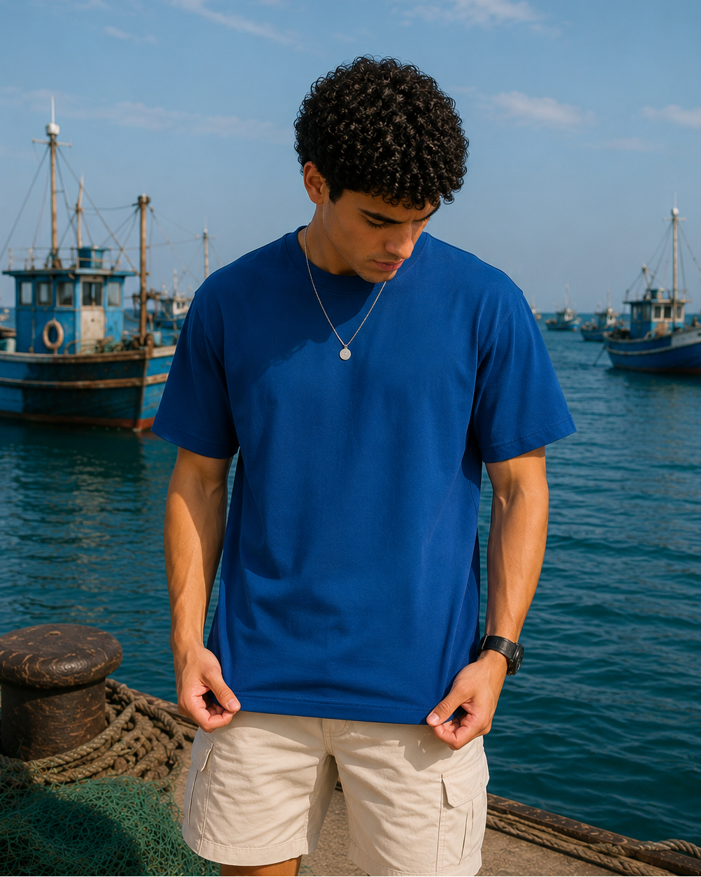 A man wearing a royal blue crewneck t-shirt and beige cargo shorts stands on a dock with fishing boats in the background under a blue sky.