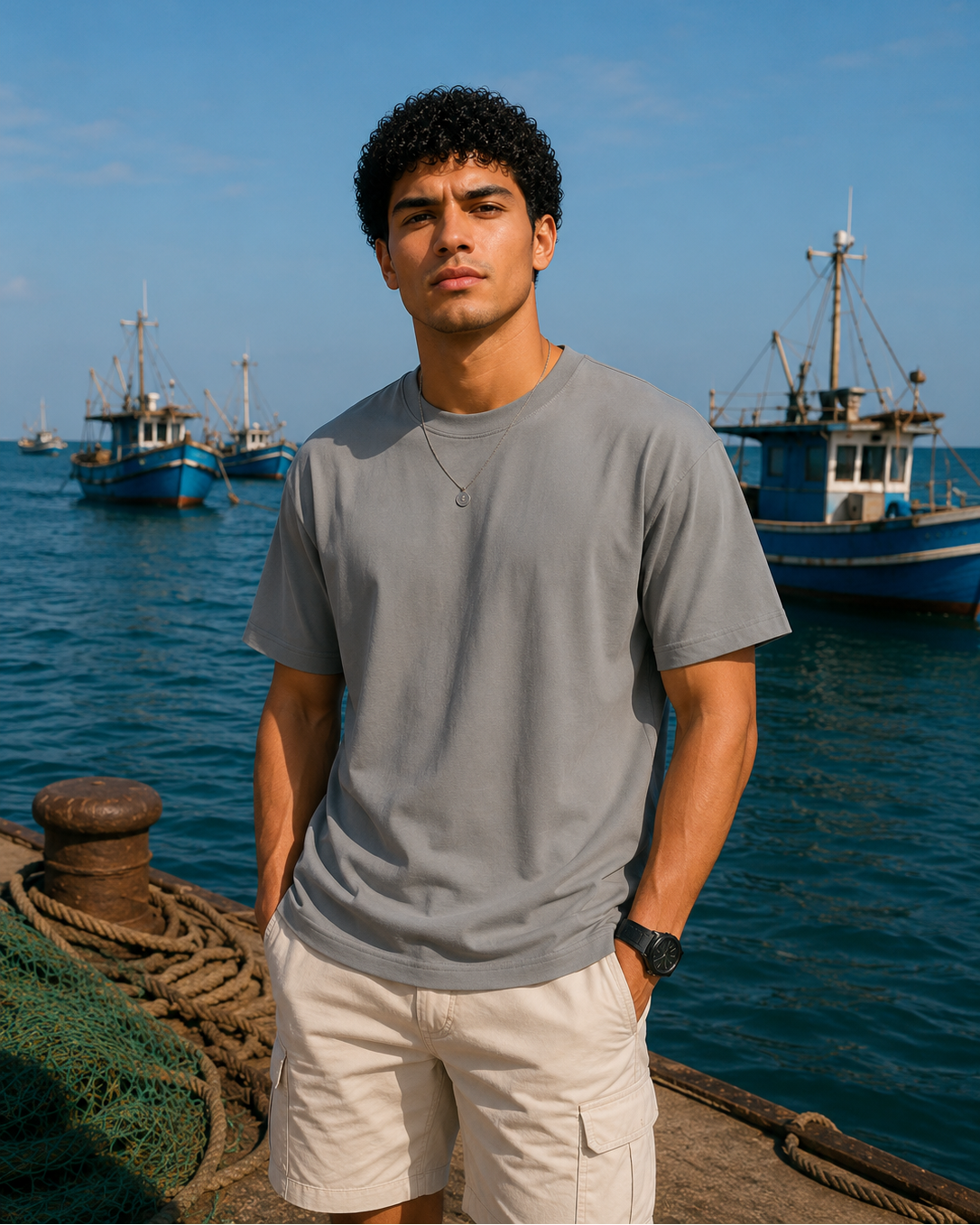 A man wearing a light gray crewneck t-shirt and beige cargo shorts stands on a dock with boats and blue water in the background.