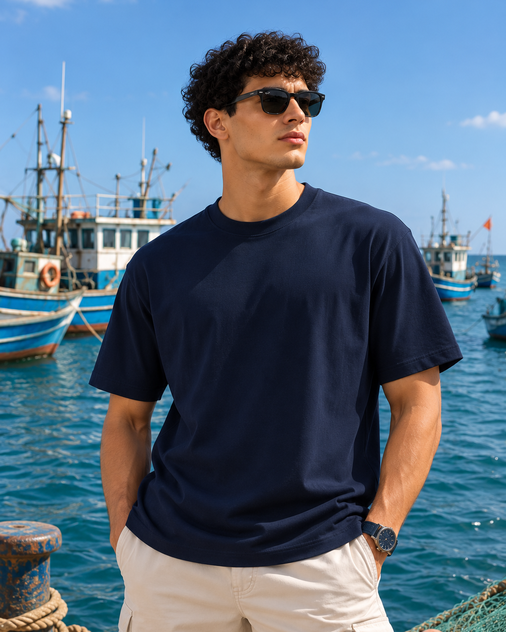 A man wearing a navy blue crewneck t-shirt and beige cargo shorts stands on a dock with a harbor and fishing boats in the background.