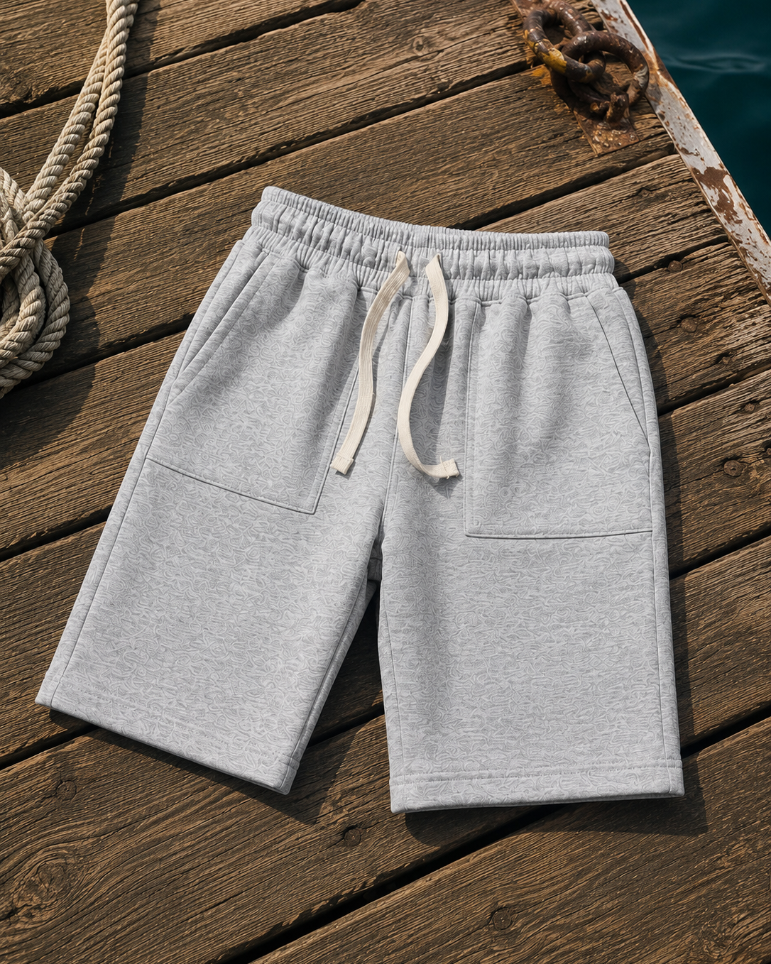 Grey athletic shorts with a white drawstring, laid flat on a rustic wooden dock with ropes and water visible in the background.