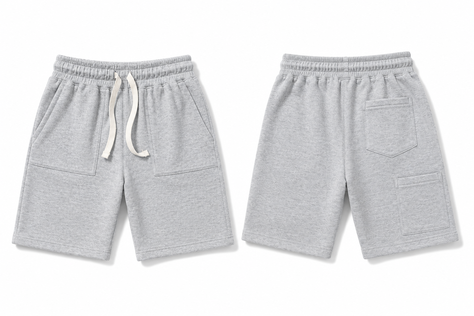 A pair of light heather gray sweat shorts shown from both the front and back views. The shorts feature an elastic waistband with a white drawstring on the front, side pockets, and a back pocket.