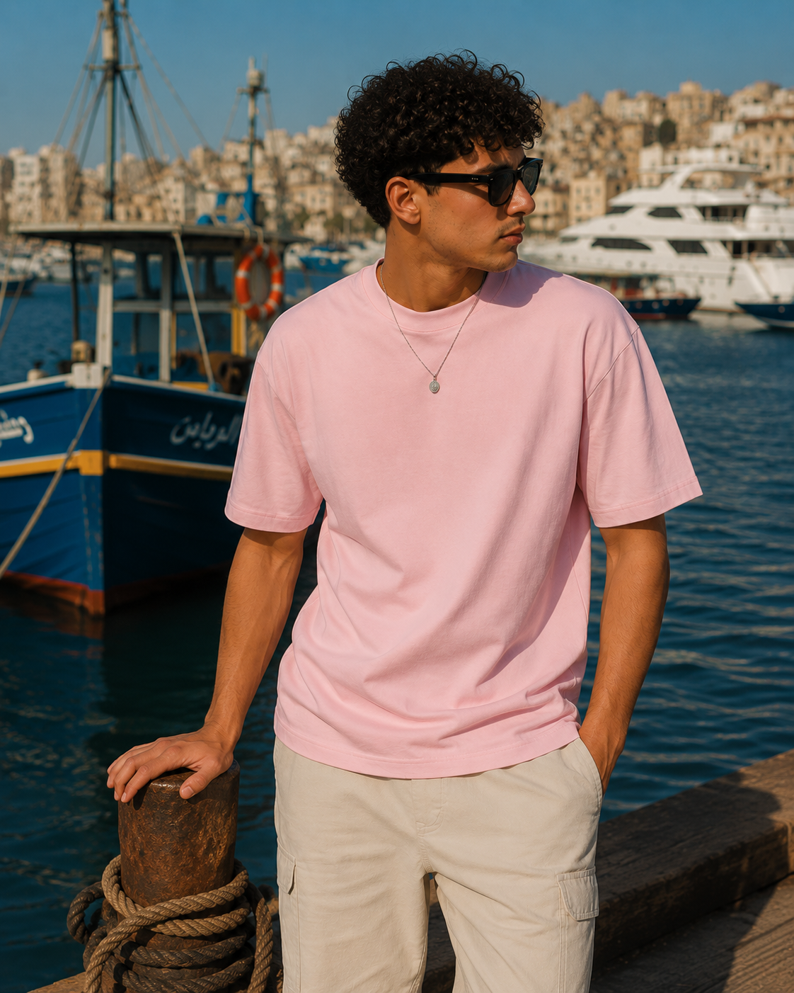 A man wearing a light pink crewneck t-shirt and beige cargo pants stands on a dock with a marina and boats in the background.
