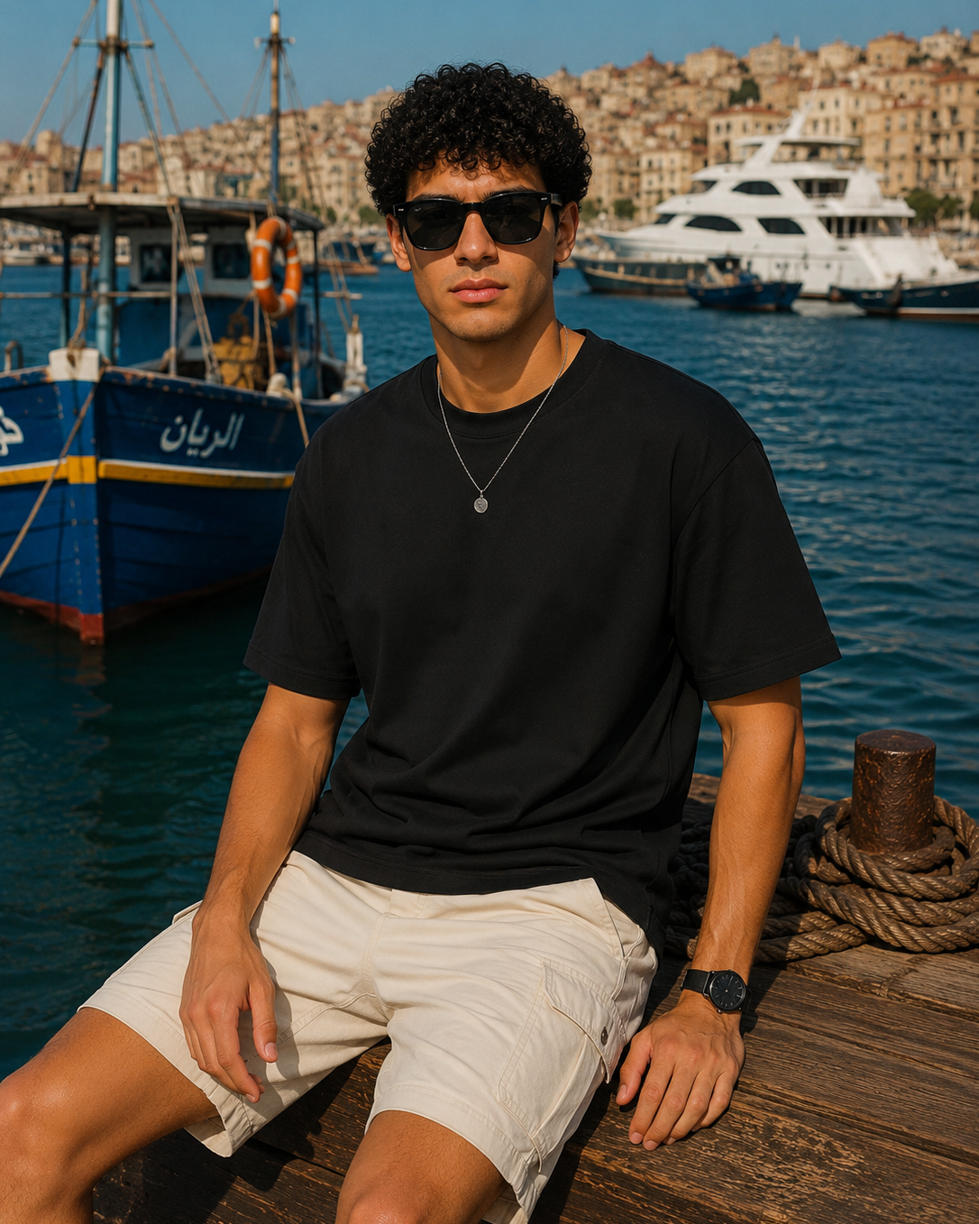A man wearing a black crewneck t-shirt and off-white shorts sits on a wooden dock in a harbor, with boats and a coastal town in the background.