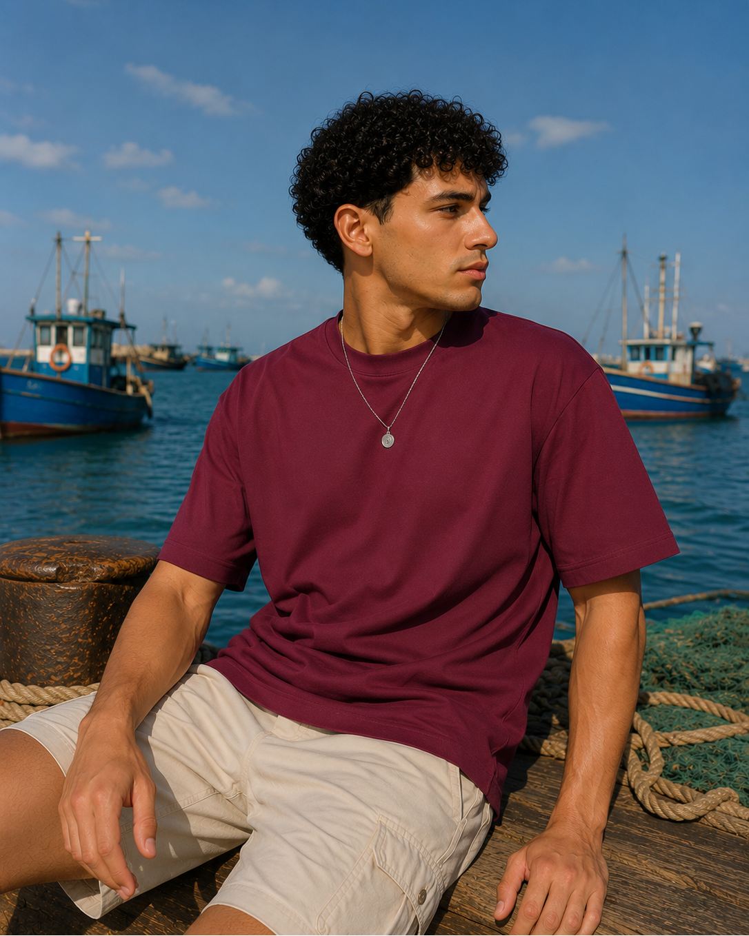 A man sitting on a wooden dock by the ocean, wearing a burgundy short-sleeve crewneck t-shirt and beige shorts, with fishing boats and a blue sky in the background.