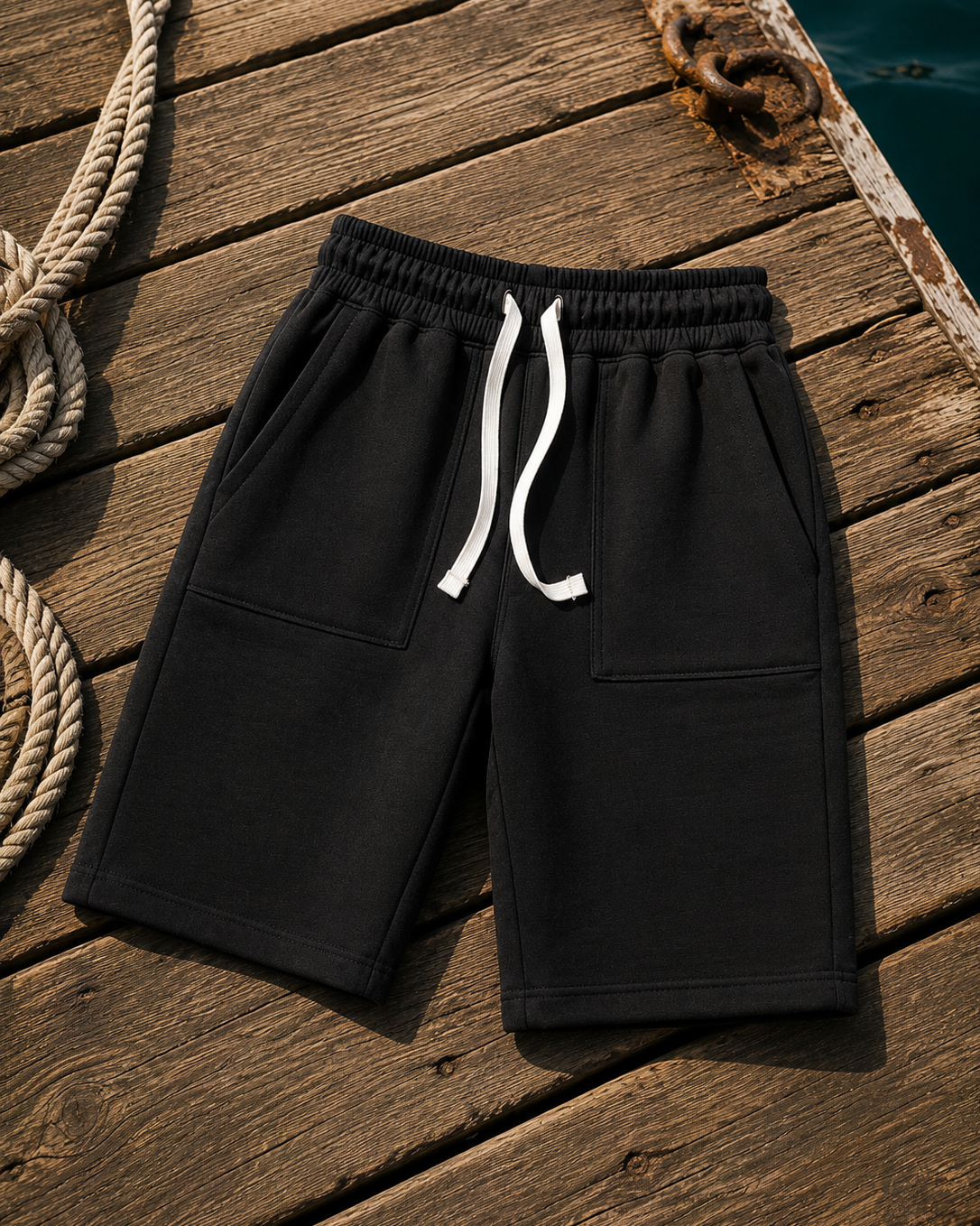 Black athletic shorts with a white drawstring, laid flat on a rustic wooden dock with ropes and water visible in the background.